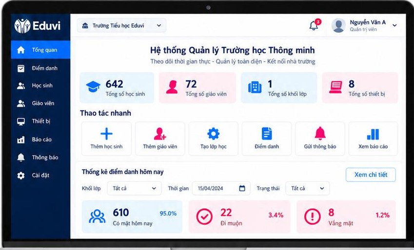 Giao diện Dashboard quản lý nhà trường EDUVI
