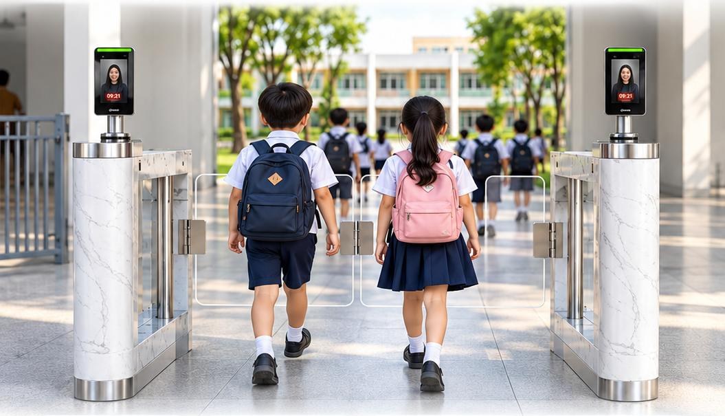 Học sinh đi qua cổng nhận diện khuôn mặt EDUVI